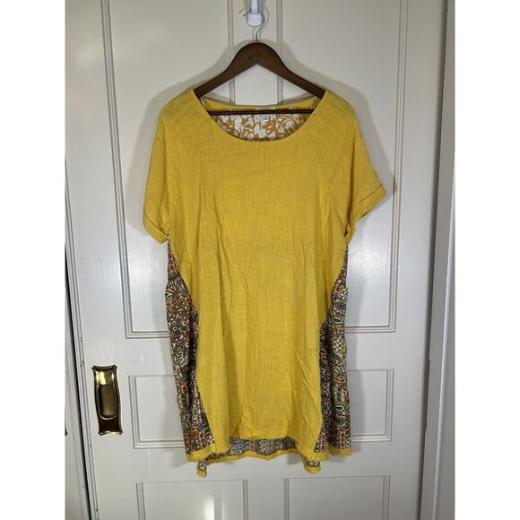 Umgee Linen Blend Mixed Print Tunic Blouse Womens Size Small Yellow Boho - Picture 1 of 7